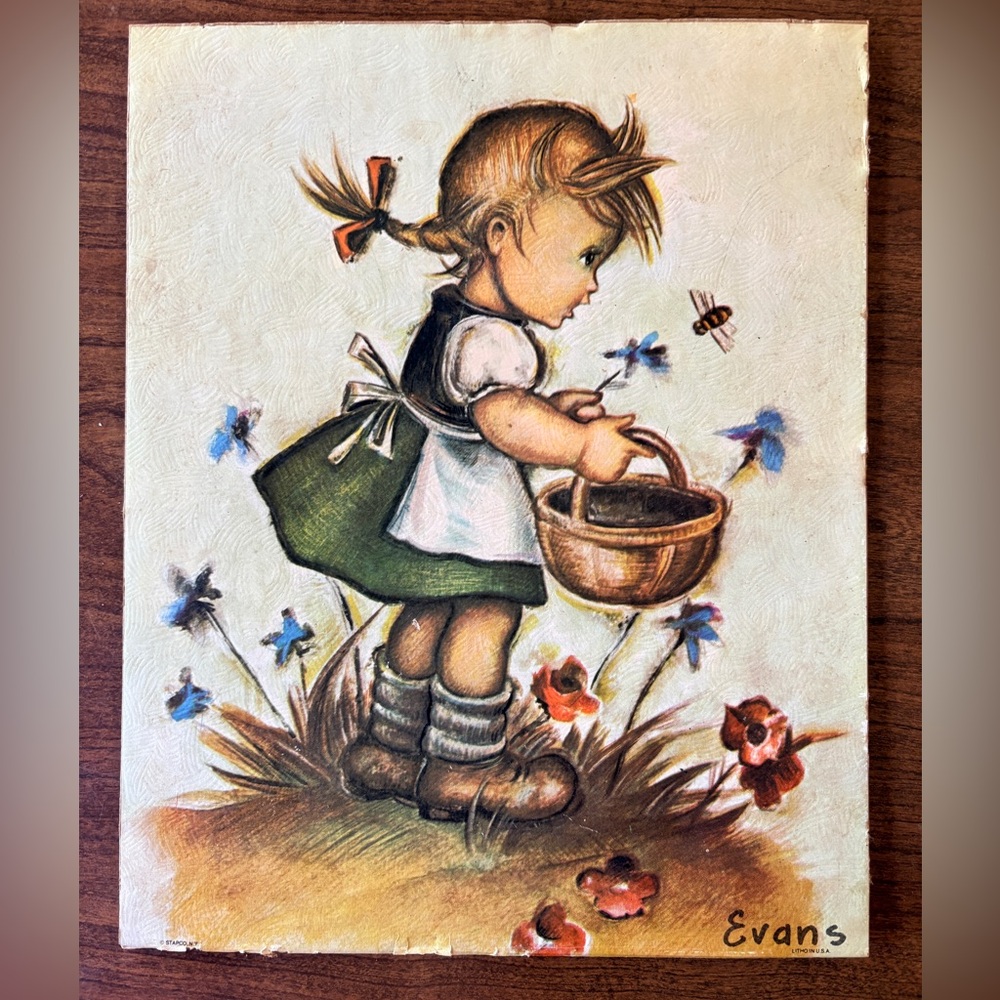 Vintage Evans Print Featuring a Hummel-style Girl Picking Flowers